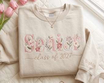 Personalized Floral Senior Crewneck Sweatshirt, Embroidered Class of 2027 Pullover, Custom Name shirt