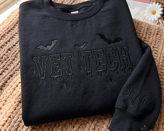 Embroidered Vet Tech Sweatshirt, Halloween Bat Style, Personalized Veterinary Technician Gift