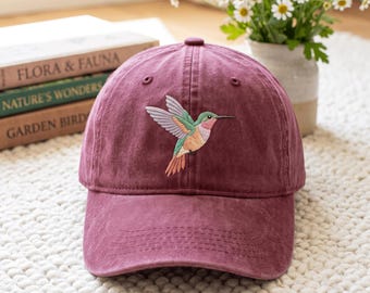 Embroidered Floral Hummingbird Hat, Animal Lover Hat, Bird Hat, Trendy Hat, Gift For Her, Bird Lover Hat, Spring Birds, Flower Cap Gift