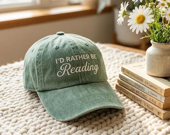 Embroidered Cap, "I'd Rather Be Reading" , Cotton Unisex Cap