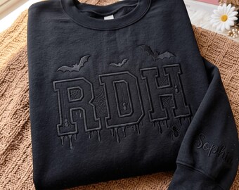 Custom RDH Embroidered Sweatshirt, Halloween Bat Style Dental Hygiene Gift