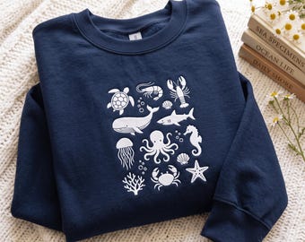 Embroidered Sea Animals Sweatshirt: Coastal Ocean Lover Gift (65% Cotton)