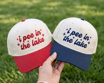 I Pee In The Lake Hat Embroidery, Funny Sarcastic Summer Vacation Cap, Trendy Camping Trucker Machine Pattern Gift