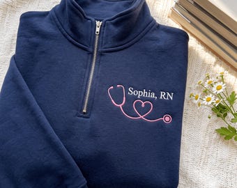 Custom Embroidered Nurse Quarter Zip Sweatshirt, RN Graduation Gift