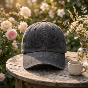 Peut inclure: Une casquette de baseball gris anthracite avec une broderie noire représentant des motifs botaniques sur le panneau avant. La broderie illustre une collection de fleurs sauvages, de tiges et de feuilles de fougère disposées horizontalement.