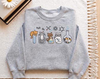 Embroidered Chemistry Cats Sweatshirt, Science Teacher Shirt, Funny Laboratory Crewneck, Cat Lover Tee, Student Gift