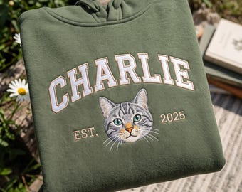 Custom Embroidered Cat Portrait Hoodie, Personalized Pet Name Pullover, Cat Mama Gift