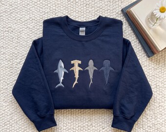 Colorful Shark Species Embroidered Sweatshirt, Ocean Life Sweater, Marine Gift shirt