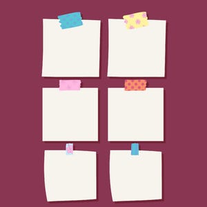 May include: Six blank square off-white paper notes arranged in two columns of three. Each note is secured at the top center with a piece of decorative adhesive tape featuring various patterns including polka dots, floral motifs, and solid colors.