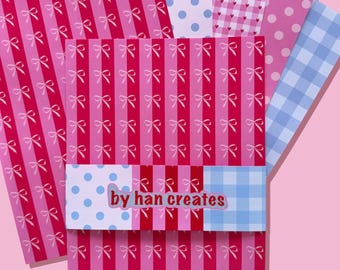 Journal Pattern Paper | Bows Scrapbooking | Junk Journal Supplies | Scrapbook Pages | 5 Pack