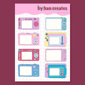 May include: A sticker sheet featuring eight illustrated mini cameras in various pastel colors including pink, blue, and yellow. The top of the sheet displays the text by han creates and mini cameras. Each camera has a blank white screen area.