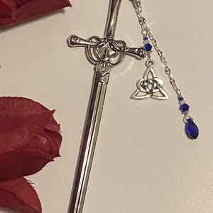 Sword hair stick with Swarovski crystals and a Triskelion Celtic knotwork charm.