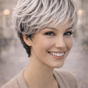 May include: A woman with a short, layered hairstyle in shades of gray and white. She is wearing a beige cardigan and smiling. The hair is styled with a side part and a textured, voluminous look.