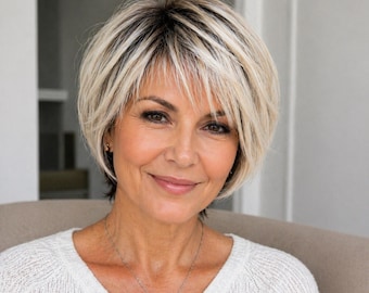 Short Blonde Wig with Dark Roots | Layered Bob Pixie Wig | Natural Volume Wig for Women | Lightweight Everyday Wig