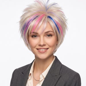 Parrucca Pixie Multicolore | Parrucca Bionda Corta con Ciocche Rosa e Blu | Taglio Scalato Sintetico | Parrucca Donna Originale