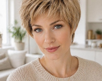 Short Honey Blonde Pixie Wig for Women | Natural Looking Layered Wig | Lightweight Synthetic Hair | Easy Everyday Short Wig
