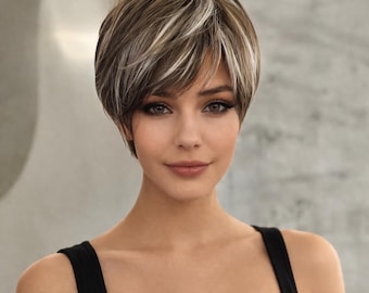 Parrucca corta pixie castana con mèches | Parrucca pixie sintetica | Parrucca corta a strati da donna | Parrucca dall'aspetto naturale | Leggera e traspirante