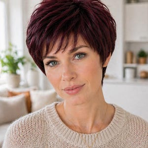 Short Burgundy Pixie Wig for Women | Deep Red Layered Wig | Natural Looking Synthetic Hair | Lightweight Stylish Short Wig
