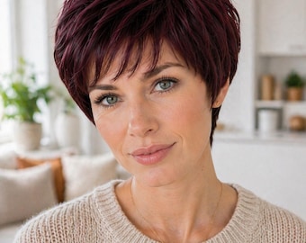Perruque courte bordeaux style pixie pour femme | Perruque rouge foncé dégradée | Cheveux synthétiques aspect naturel | Perruque courte, légère et élégante