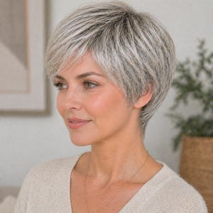 Puede incluir: Una mujer con cabello corto, plateado y gris. Lleva un suéter beige claro y un collar dorado con un colgante. El fondo incluye un cuadro enmarcado y una planta en maceta.