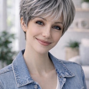 Puede incluir: Una mujer sonríe, con cabello corto, en capas, gris y blanco, y ojos azules. Lleva una chaqueta vaquera azul claro sobre una camiseta blanca. El fondo está suavemente borroso, sugiriendo un ambiente interior.