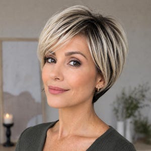 May include: A woman with a short, layered wig in a mix of blonde and dark brown shades. The wig has a side part and is styled with a slight wave. The woman is wearing a green top and small gold hoop earrings.