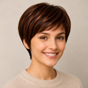May include: A short, layered pixie cut wig featuring dark brown hair with subtle auburn highlights. The hair is styled with soft, textured layers that frame the face, and the wig is worn over a beige, ribbed knit sweater with a crew neckline.