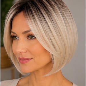 Könnte beinhalten: Eine kurze Bob-Perücke mit Stufenschnitt und Mittelscheitel. Die Haarfarbe verläuft von dunkelbraunen Ansätzen zu einem hellen Platinblond in den Längen. Der Stil ist glatt mit weich nach innen geschwungenen Spitzen, die das Gesicht umrahmen.