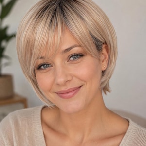 May include: A short, layered blonde wig with a soft fringe and darker roots. The hair is styled in a straight, chin-length bob cut that frames the face. The color features a blend of light blonde tones with visible dark brown roots at the crown.