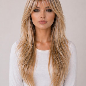 Puede incluir: Una mujer con cabello rubio largo y en capas con raíces oscuras y flequillo. Lleva una camiseta blanca de manga larga. El cabello tiene reflejos y sombras, creando un aspecto natural y besado por el sol.