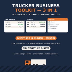 Könnte beinhalten: Ein digitales Trucker Business Toolkit 3-in-1 mit Steuer-Tracker, IFTA-Logbuch und Pre-Trip-Checkliste. Die Grafik enthält Text auf Englisch und Spanisch sowie Abschnitte für Einkommen, Kilometerstand und Wartungsaufgaben und eine LKW-Grafik.