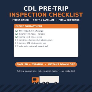 Op de afbeelding: Een CDL-checklist voor inspectie vóór de rit op een donkerblauwe achtergrond. De tekst bevat Engine Compartment, Oil level, Coolant level, Steering box, Front brake, Front tire en Leaks under engine. Bevat een vrachtwagengrafiek.