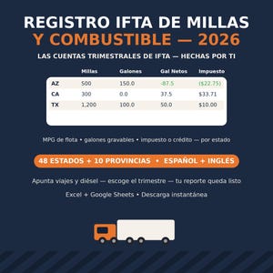 Op de afbeelding: Een digitaal IFTA-sjabloon voor kilometer- en brandstofregistratie voor 2026 met een donkerblauwe achtergrond. Het bevat een tabel met mijlen, gallons, netto gallons en belasting voor staten zoals AZ, CA en TX. Tekst voor 48 staten en 10 provincies.