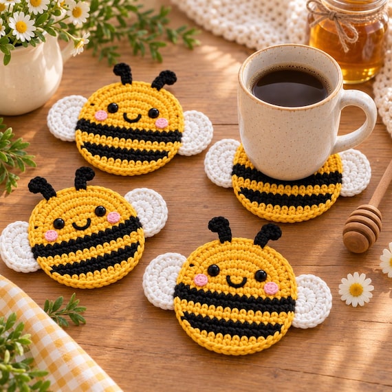 Bumblebee Crochet Coaster Set Pattern, Beginner Friendly, Spring Kitchen Decor (PDF)
