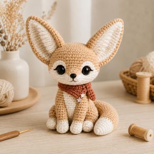 May include: A crocheted fennec fox toy with large ears, tan and white yarn, and a small rust-colored scarf featuring two tiny silver star charms. The fox has large black plastic eyes, a black embroidered nose, and a white chest and paw accents.
