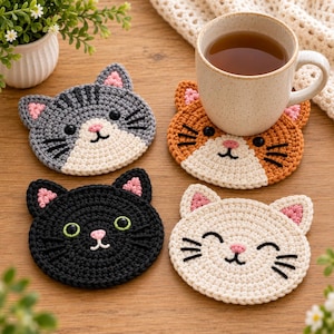 Può includere: Quattro sottobicchieri rotondi all'uncinetto a forma di muso di gatto nei colori grigio, arancione, nero e crema. Ogni sottobicchiere presenta baffi ricamati, un piccolo naso rosa e orecchie con interno rosa. Una tazza poggia su un sottobicchiere.