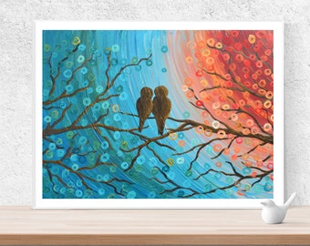 Love Birds Art Print - Teal and orange giclee print of two love birds watching the sunset, great Mother's Day gift