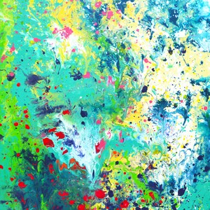 Lily Pond Giclee Print Of Original Abstract Acylic Painting Teal, Green, Turquoise, Yellow, & Pink By Louise Mead image 2