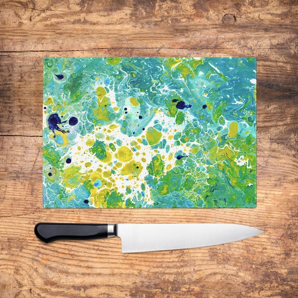 Green & Teal Glass Chopping Board - Green Worktop Saver, Large Cutting Board, Kitchen Gift, Kitchen Accessories, Turquoise and Green White