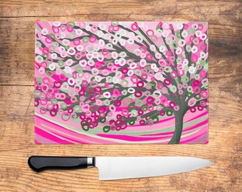 Pink & Sage Tree Glass Chopping Board - Pink and Green Tree Worktop Saver, Platter, Large Cutting Board, Kitchen Gift, Kitchen Accessories