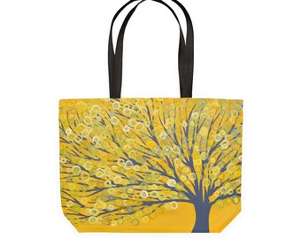 Yellow Canvas Tote Bag - Yellow & Grey Abstract Tree of Life Large Canvas Shopping Tote Bag - Sturdy Reusable Eco-Friendly Machine Washable