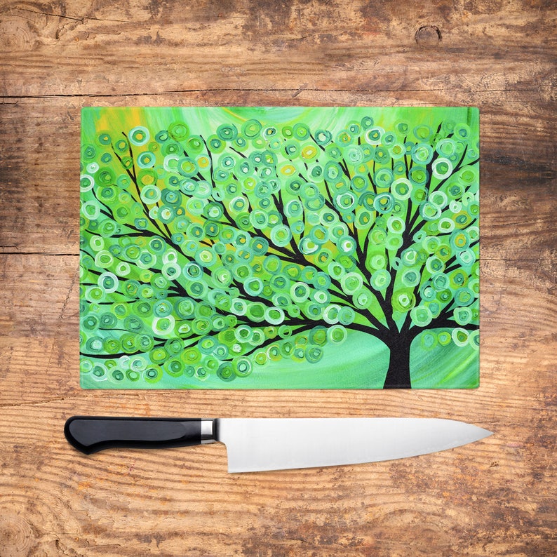 Lime Green Tree Glass Chopping Board Whimsical Abstract Green Tree Worktop Saver, Large Cutting Board, Kitchen Gift, Kitchen Accessories image 1