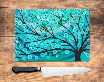 Teal Tree Glass Chopping Board - Teal & Turquoise Abstract Worktop Saver, Platter, Large Cutting Board, Kitchen Gift, Kitchen Accessories