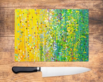 Yellow & Green Impressionist Glass Chopping Board - Worktop Saver, Platter, Tray, Large Cutting Board, Kitchen Gift, Kitchen Accessories