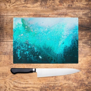 Teal Glass Chopping Board - Teal Turquoise & Black Abstract Worktop Saver, Platter, Large Cutting Board, Kitchen Gift, Kitchen Accessories