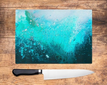 Teal Glass Chopping Board - Teal Turquoise & Black Abstract Worktop Saver, Platter, Large Cutting Board, Kitchen Gift, Kitchen Accessories
