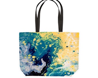 Blue & Yellow Tote Bag - Abstract Expressionist Fluid Art Tote Bag - Yellow and Teal Abstract Colourful Machine Washable Large Tote Bag