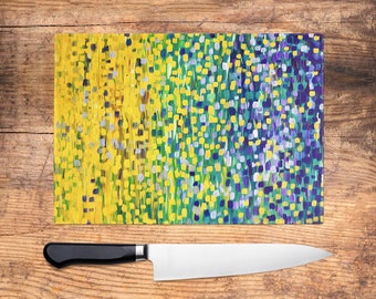 Yellow & Blue Impressionist Glass Chopping Board - Worktop Saver, Platter, Tray, Large Cutting Board, Kitchen Gift, Kitchen Accessories