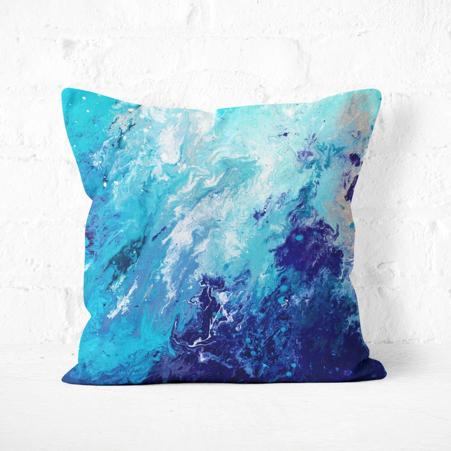 Blue Throw Pillow Blue And White Marbled Decorative Square Etsy