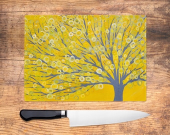 Yellow & Grey Tree Glass Chopping Board - Worktop Saver, Platter, Tray, Large Cutting Board, Kitchen Gift, Kitchen Accessories